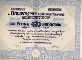 Tört értékpapír 1926 a Hangyaipar Rt. 20p részvénye/ Industrie-AG Aktie