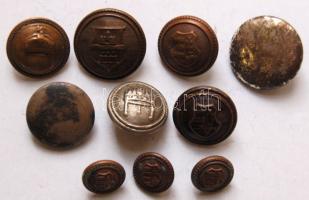 10db különféle katonai egyenruha gomb, köztük koronás gombok, Kossuth címeres gombok.