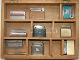 Kis fa dobozka rekeszekkel, benne 10 db régi öngyújtó