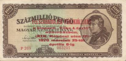 1945. 10.000.000P "Forradalmaink pénzei kiállítás Kecskemét, 1969. március 23-30" felülbélyegzéssel T:II- + 1946. 100.000.000P + 1.000.000MP + 10.000.000MP mindhárom "Felszabadulási pénzkiállítás a kispesti Tőke László úttörőházban 1970 március 25-től április 6-ig" felülbélyegzéssel T:II,III
