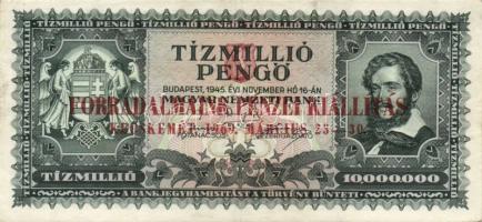 1945. 10.000.000P "Forradalmaink pénzei kiállítás Kecskemét, 1969. március 23-30" felülbél...