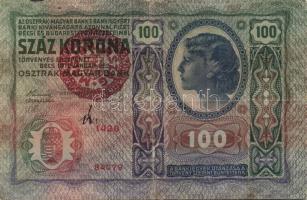 1904. 10K (2x) román körbélyegzővel T:IV + 1914. 100K (2x)piros "Magyarország" körbélyegző...