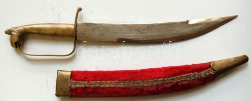 cca 1900 India: Maratott pengéjű dísztőr, figurás markolattal, bársony borítású kemény hüvellyel / Indian dagger with figured-handle and hard case 35 cm