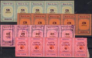 1945-46. Miskolc város újjáépítési és ínségbélyegzei, 4féle, ötös csíkokban (Flóderer 890p) / Spendemarken von Stadt Miskolc, 4 versch. je in Fünferstreifen