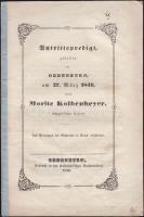 Kolbenheyer Móric soproni ev. prédikátor: 1846. márc. 22.-én tartott beszéde, Kultsár nyomda, Sopron 1846 / Untrittspredigt gehalten in Oedenburg... 24p.