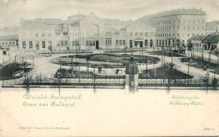 Budapest VIII. Rákóczi tér Petrovits József bor- és sörcsarnokával, valamint Blau Manó és Friedmann Adolf üzleteivel