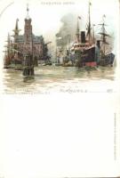 189? Hamburg docks with steamers of the Hamburg-Südamerika company litho