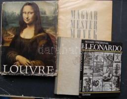 4 db művészeti könyv: Leonardo, Louvre, Magyar mesterművek, A Szépművészeti Múzeum kincsei (angol nyelvű)