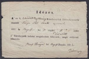 1914 Karácsnyi emléklap a harcban elesett hősök özvegyeinek és árváinak (sérült) + 1852 Bűnfenyítő Törvényszék idézése