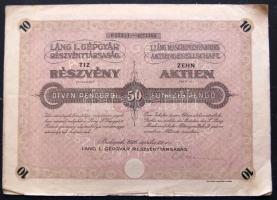 1926. "Láng L. Gépgyár Részvénytársaság" tiz részvénye egyenként 50P-ről, szelvényekkel, német és magyar nyelven