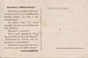 Csorna Evangélikus templom, hátoldalán adakozási felhívással (EK)