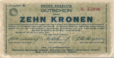 Csehország / Graslitz 1918. 3db klf szelvény 1K, 10K és 50K-ról