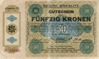 Csehország / Graslitz 1918. 3db klf szelvény 1K, 10K és 50K-ról