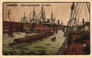 Hamburg ship station with a Woermanndampfer litho (EK)