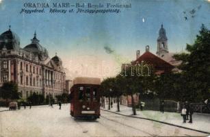 Nagyvárad Rákóczi street with financial office and tram