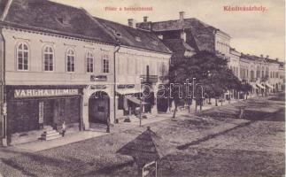 Kézdivásárhely main square with the shops of Vilmos Vargha ands Mózes Szőcs