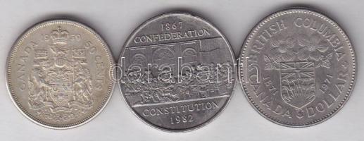 Kanada 1959. 50c Ag + 1971. 1$ "Brit-Kolumbia" + 1973. 25c + 1982. 1$ "115 éves a kon...