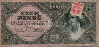1945. 1000P (2x) hibásan felragasztott bélyeggel és egyik vágáshibával T:II,III