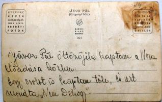 Jávor Pál fotólap a színész saját kezű aláírásával; a lap hátoldalán az egykori tulajdonos rövid bes...