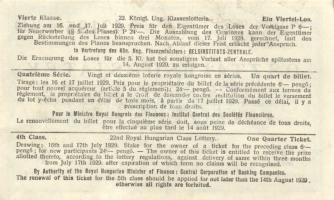 1929. "22. Magyar Királyi Osztálysorsjáték" negyedik osztály egy negyed sorsjegye T:II-