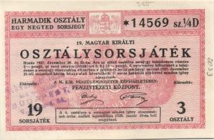 1927. "19. Magyar Királyi Osztálysorsjáték" harmadik osztály egy negyed sorsjegye T:I-