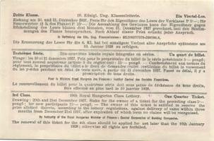 1927. "19. Magyar Királyi Osztálysorsjáték" harmadik osztály egy negyed sorsjegye T:I-
