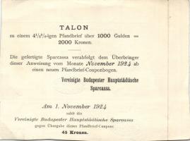 1924. Egyesült Budapesti Fővárosi Takarékpénztár szelvény-utalványa 1000Ft=2000K-ás záloglevele, szá...