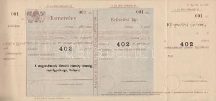 1916. Befizetési lapok a M. Kir. Postatakarékpénztár 402. számú csekk-számlájához, kitöltetlenül és ...