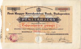 1944 100.000P !!! Pesti Kereskedelmi Bank pénztárjegy valószínűleg bankközi forgalomra T:II RRR!!!
