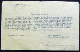 1937 Dr. Madai Gyula országgyűlési képviselő, illetve a Petőfi Társaság tagjának saját kezű aláírása személyes levelen