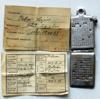 cca 1940 Magyar tüzér dögcédulája eredeti, hibátlan állapotban / Hungrian WW. II. dog-tag perfect condition.
