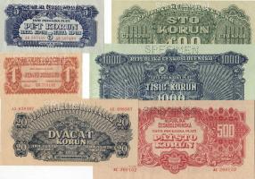 Csehszlovákia  1945 1K, 5K, 20K, 100K, 500K, 1000K "Moszvai" kadás "Specimen" lyukasztással  T:I