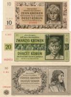 D.Reich/Cseh-Morva Protektorátus 1940-44 10K, 20K, 50K teljes sor! "Specimen" lyukasztással!  T:I