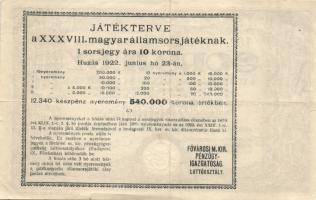 1922. "38. Magyar Állami Sorsjáték" sorsjegy 10K T:II+ Csak egyszer hajtva! + 1923. "...