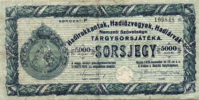 1925. Hadirokkantak, Hadiözvegyek, Hadiárvák Nemzeti Szövetsége Tárgysorsjátéka-sorsjegy 5000K T:III