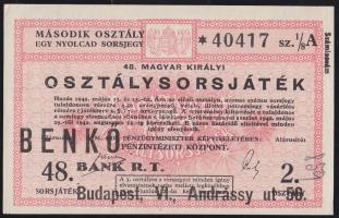 1942. "48. Magyar Királyi Osztálysorsjáték" második osztály egy nyolcad sorsjegye T:I-