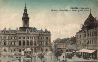 Újvidék Franz Joseph square Grand Hotel Mayer with the shop of János Glück, József Kovács and tram