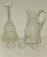 cca 1900 Metszett üveg italos-készlet likörösüveg, kacsó, 2 liköröspohár / Antique glass set