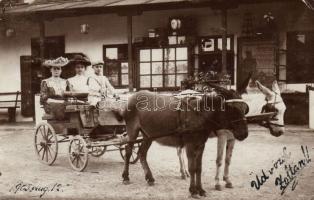 Szakolca family house and donkey carriage with the advertisement of the Budapest Millenium Expo on the wall; photo
