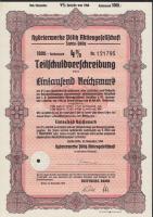 Németország 1940. "Hydrierwerke Pölitz Aktiengesellschaft" bemutatóra szóló kötvény 1000RM...