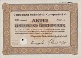 Löbau 1940. "Felső Lusatiai Cukorgyár Részvénytársaság" részvénye 1000M-ról (2x) T:I-