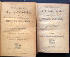 Márkus Dezső: Felsőbíróságaink elvi határozatai a Curia és az ítélőtáblék döntéseinek gyűjteménye, Grill Károly 1893, Bp. I-II. kötet (teljes) dombornyomott, kopott aranyozású egészvászon kötésben (foltos)