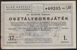 1936. "37. Magyar Királyi Osztálysorsjáték" első osztály egy nyolcad sorsjegye T:II-