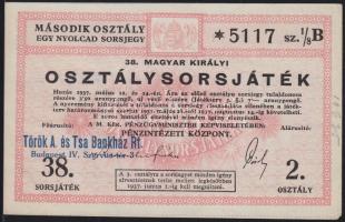 1937. "38. Magyar Királyi Osztálysorsjáték" második osztály egy nyolcad sorsjegye T:II+