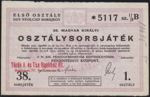 1937. 38. Magyar Királyi Osztálysorsjáték első osztály egy nyolcad sorsjegye T:II-