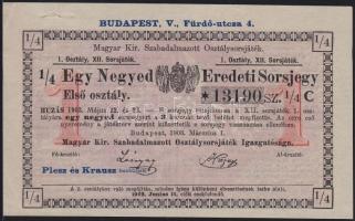 1903. Magyar Kir. Szabadalmazott Osztálysorsjáték első osztály egy negyed sorsjegye 3K T:II (tűzőkapocs nyom)