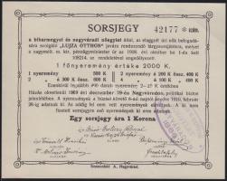 1909. Nagyvárad 1K sorsjegy a biharmegyei és nagyváradi nőegylet, a Lujza Otthon javára rendezendő tárgysorsjátékra T:I