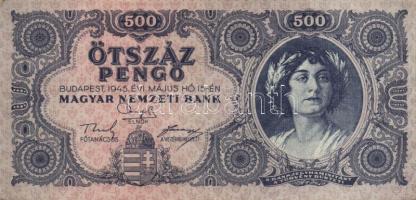 1945. 100P (2x) III,III- + 500P (3x) egyik hátoldalán orosz "P" betű helyett magyar "...