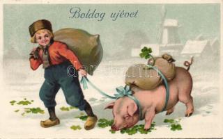 Újév - 3 db régi, malacos képeslap, melyek közül 2 litho / 3 New Year Pigs