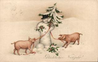 Újév - 3 db régi, malacos képeslap, melyek közül 2 litho / 3 New Year Pigs